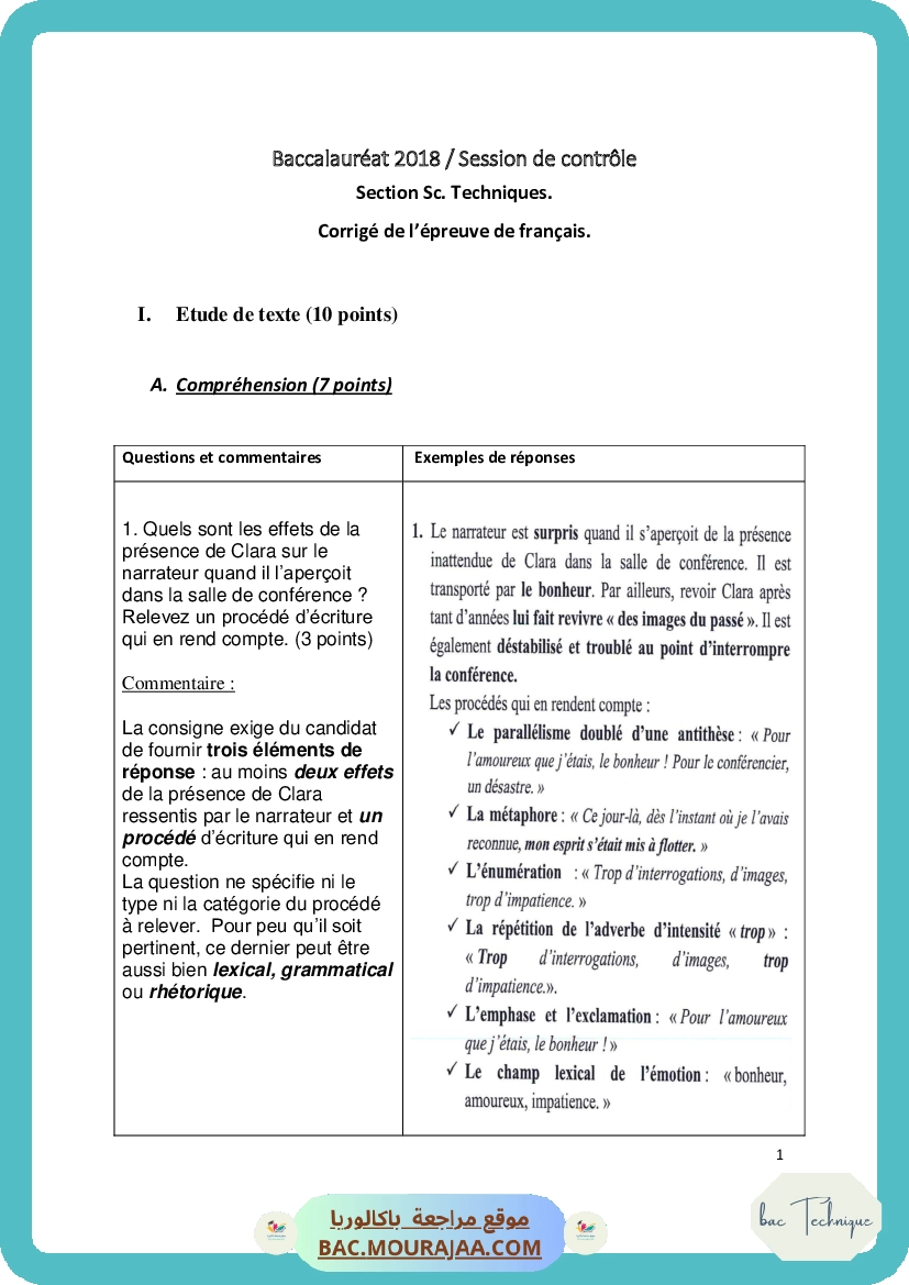 Corrigé controle francais Bac 2018 – Section technique